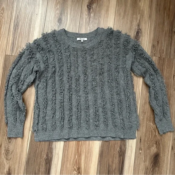 Madewell 100% Merino Wool Fringe Stripe Sweater Gray XS Boxy Cropped - Picture 1 of 10